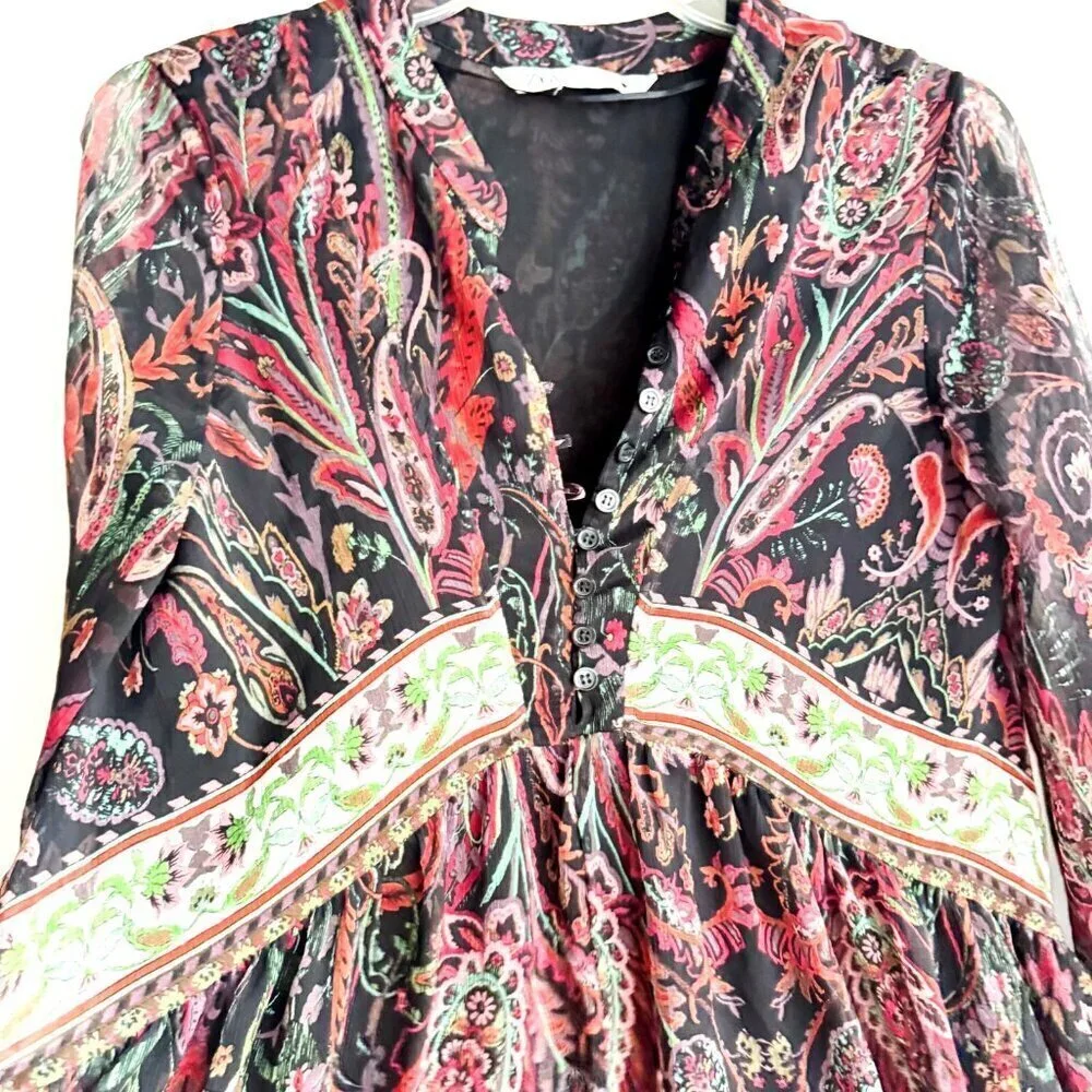 Zara Paisley Print Chiffon Babydoll Mini Dress XS